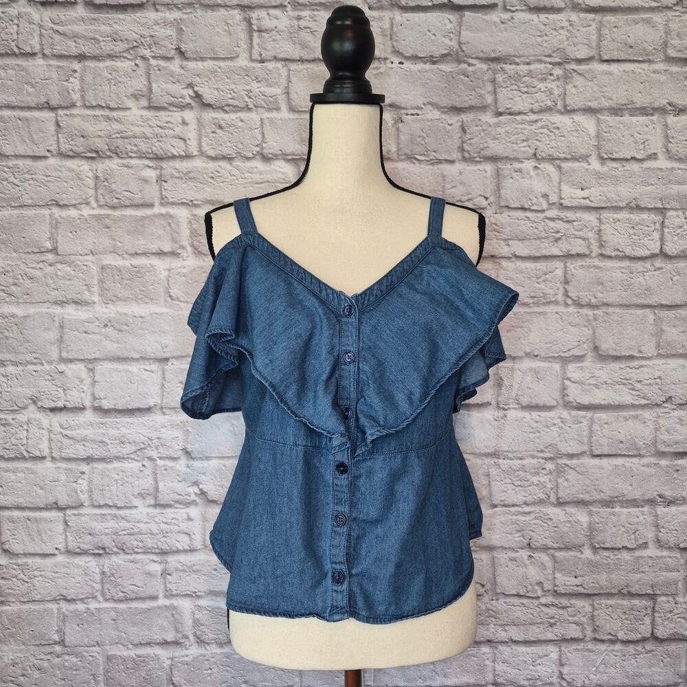 Venus Chambray Ruffle Top Dark Wash Cold Shoulder Cami Button Down Blouse Sz 10 - Picture 2 of 10